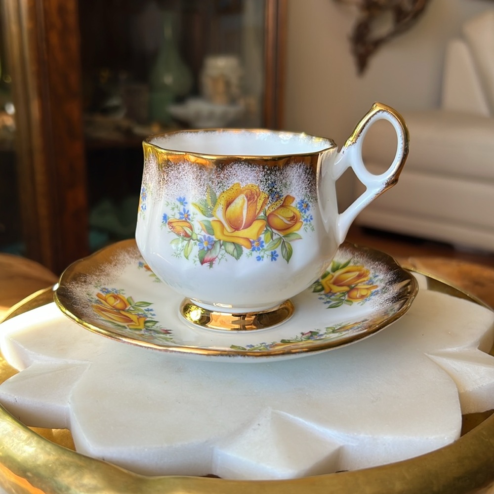Vintage Elizabethan Gold + Yellow Floral England Fine Bone China Teacup + Saucer